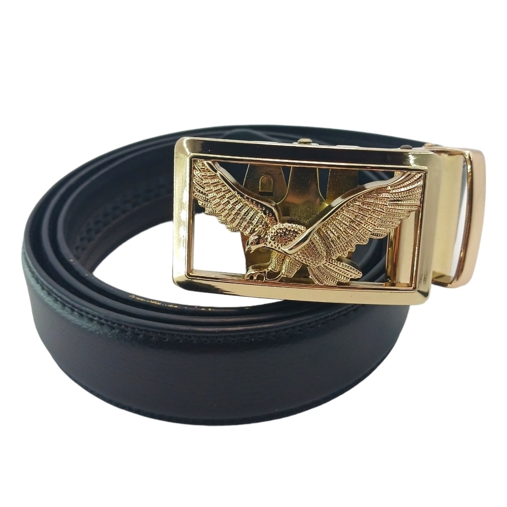 49" Mens Belt Black Eagle Bucke Gold Tone Adjustable Leather Formal No Holes